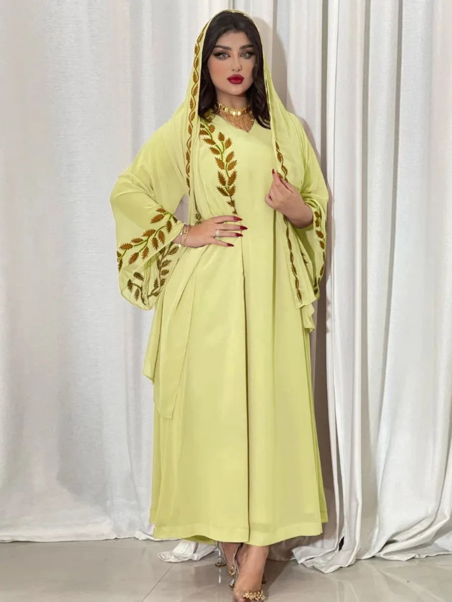 Abaya Embroidery Dress with Scarf 2 Piece Set Dubai Style Long Robe