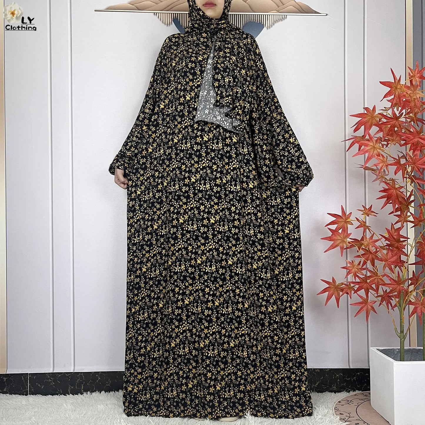 Abayas Maxi Cotton Robe Floral Loose African Style Dress Turban Attached