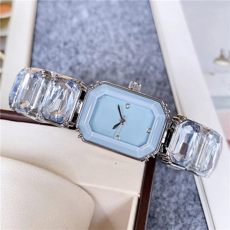 2024 Fashion Brand Wrist Watches Women Girl Beautiful Rectangle Colorful Gems Design Steel Metal Band Clock