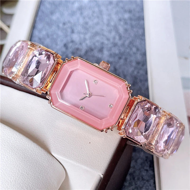 2024 Fashion Brand Wrist Watches Women Girl Beautiful Rectangle Colorful Gems Design Steel Metal Band Clock