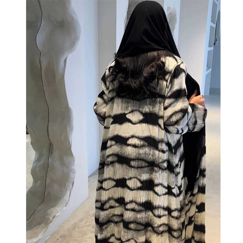 Dubai Printed Pleated Abayas for Women Robe Gown