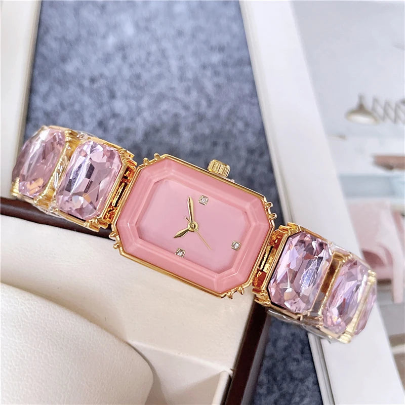 2024 Fashion Brand Wrist Watches Women Girl Beautiful Rectangle Colorful Gems Design Steel Metal Band Clock