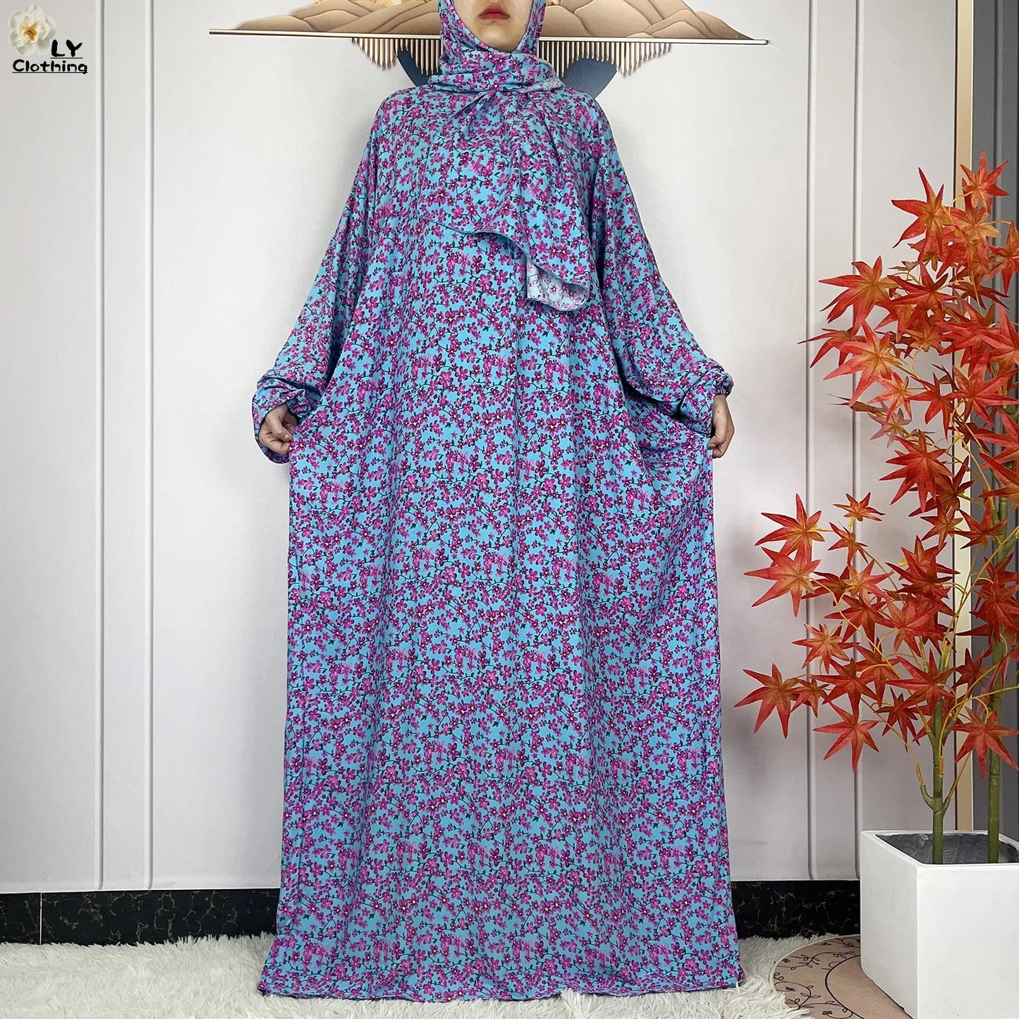 Abayas Maxi Cotton Robe Floral Loose African Style Dress Turban Attached