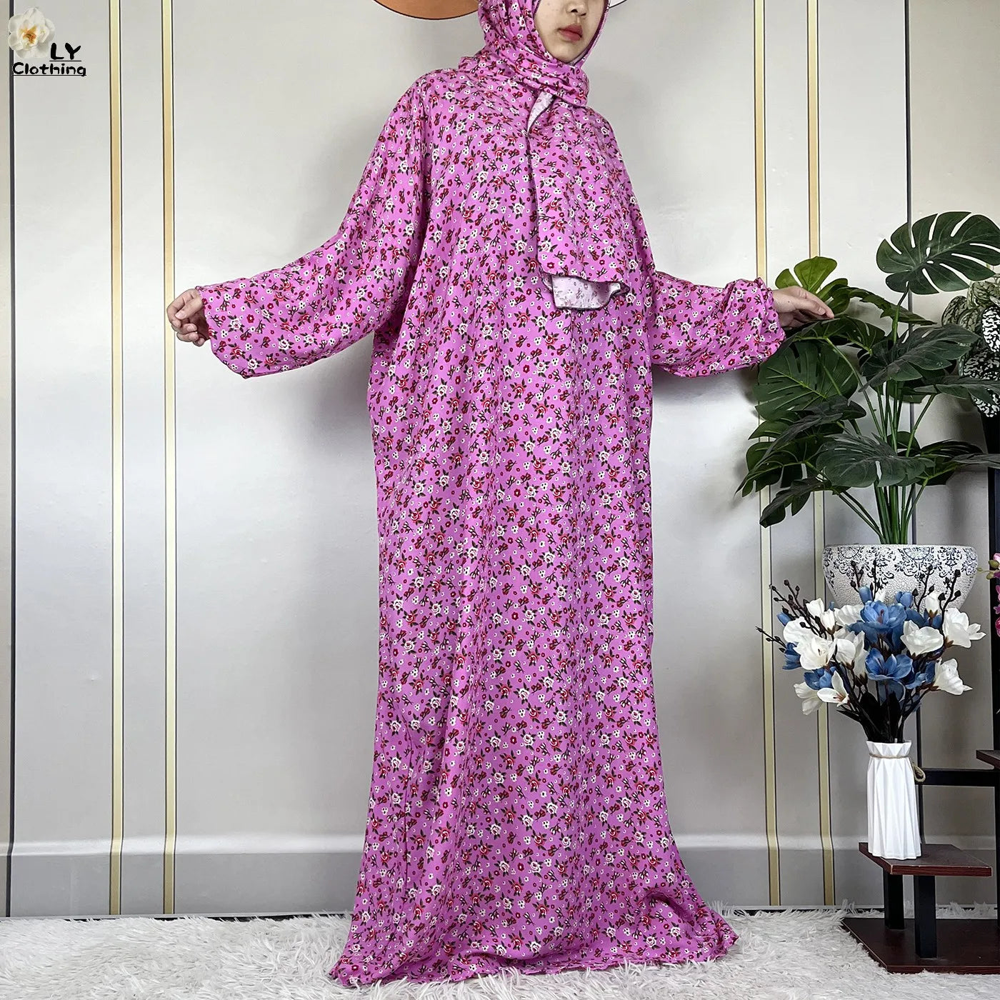 Abayas Maxi Cotton Robe Floral Loose African Style Dress Turban Attached