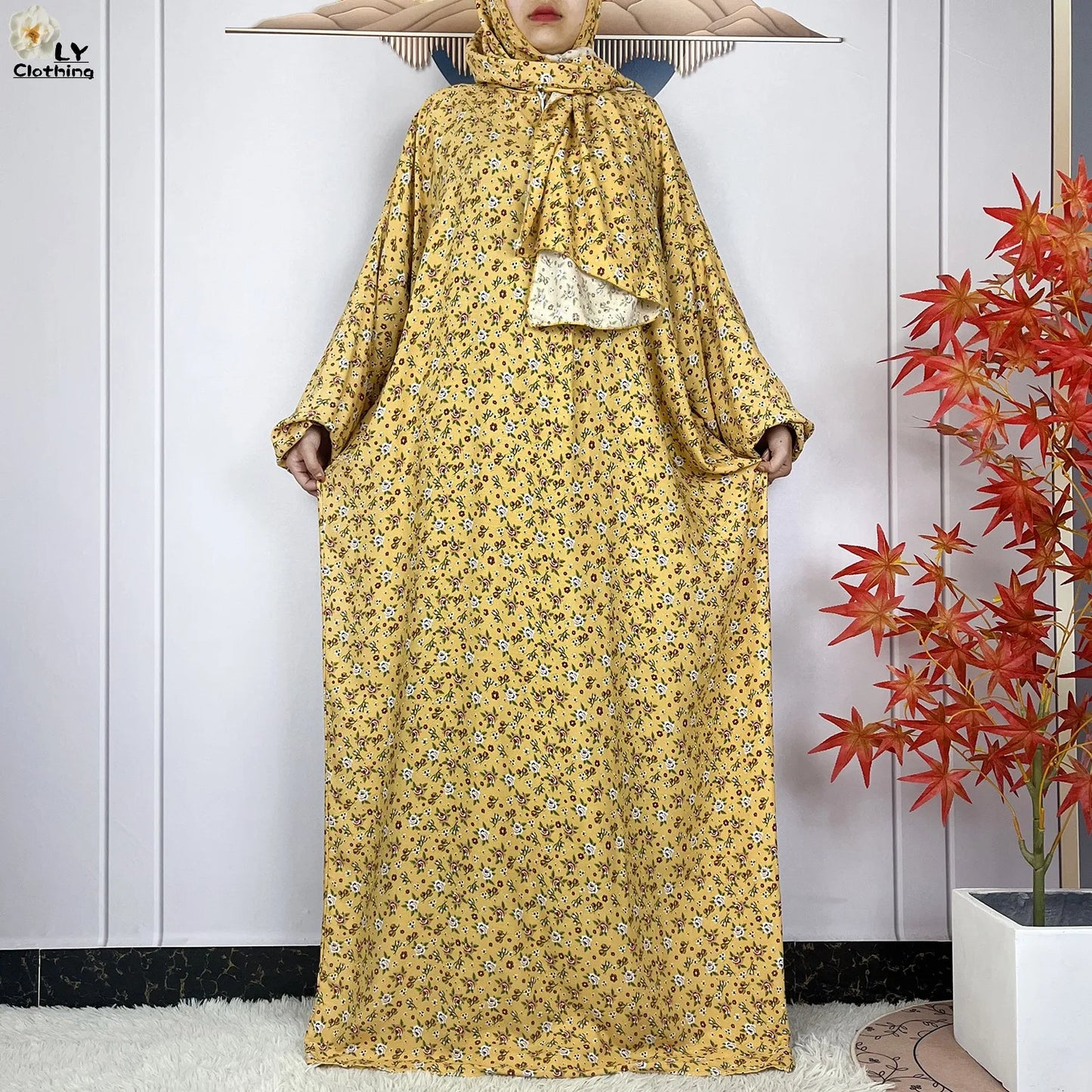 Abayas Maxi Cotton Robe Floral Loose African Style Dress Turban Attached