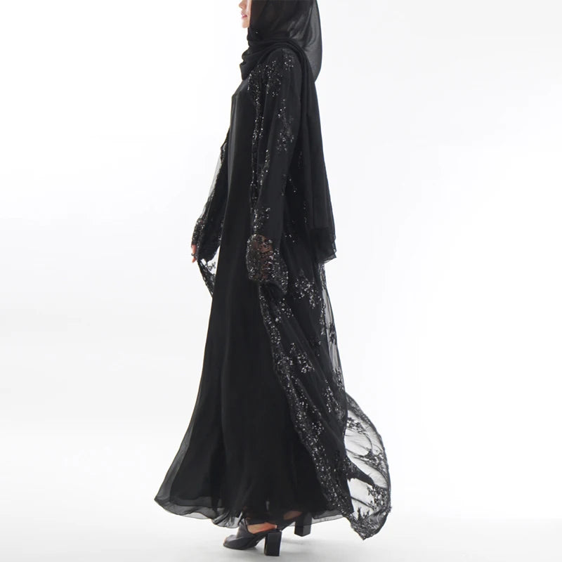 Abaya Dubai Women Long Sequined Lace Mesh Kimono