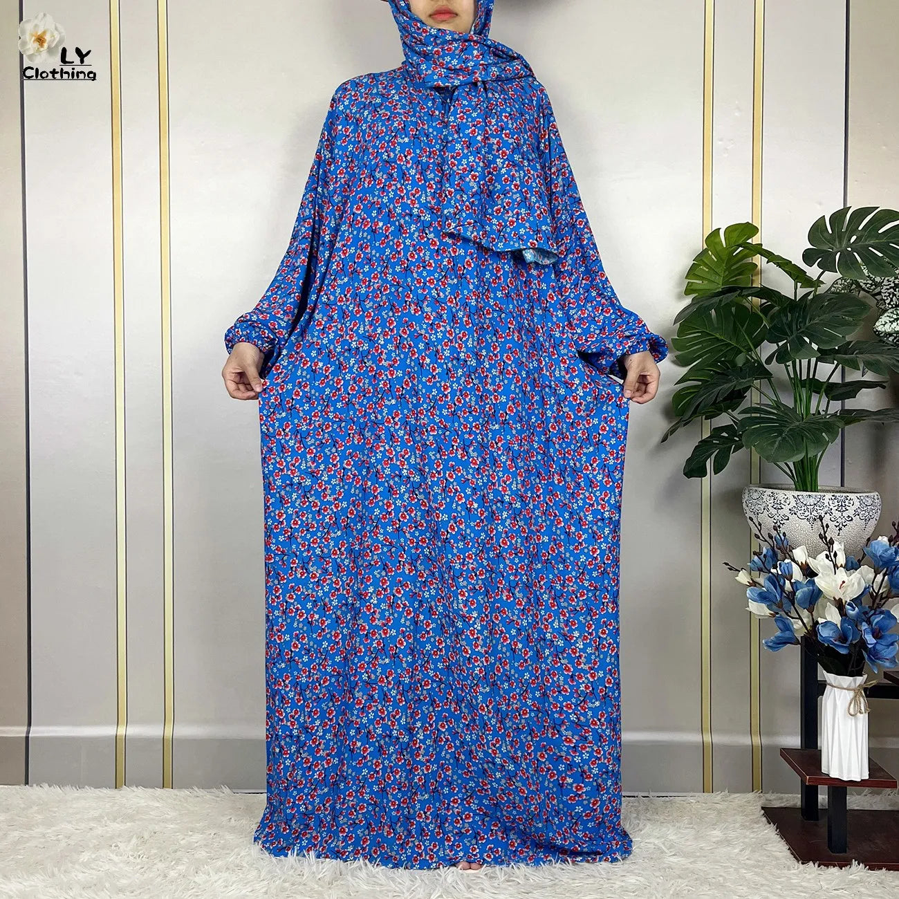 Abayas Maxi Cotton Robe Floral Loose African Style Dress Turban Attached