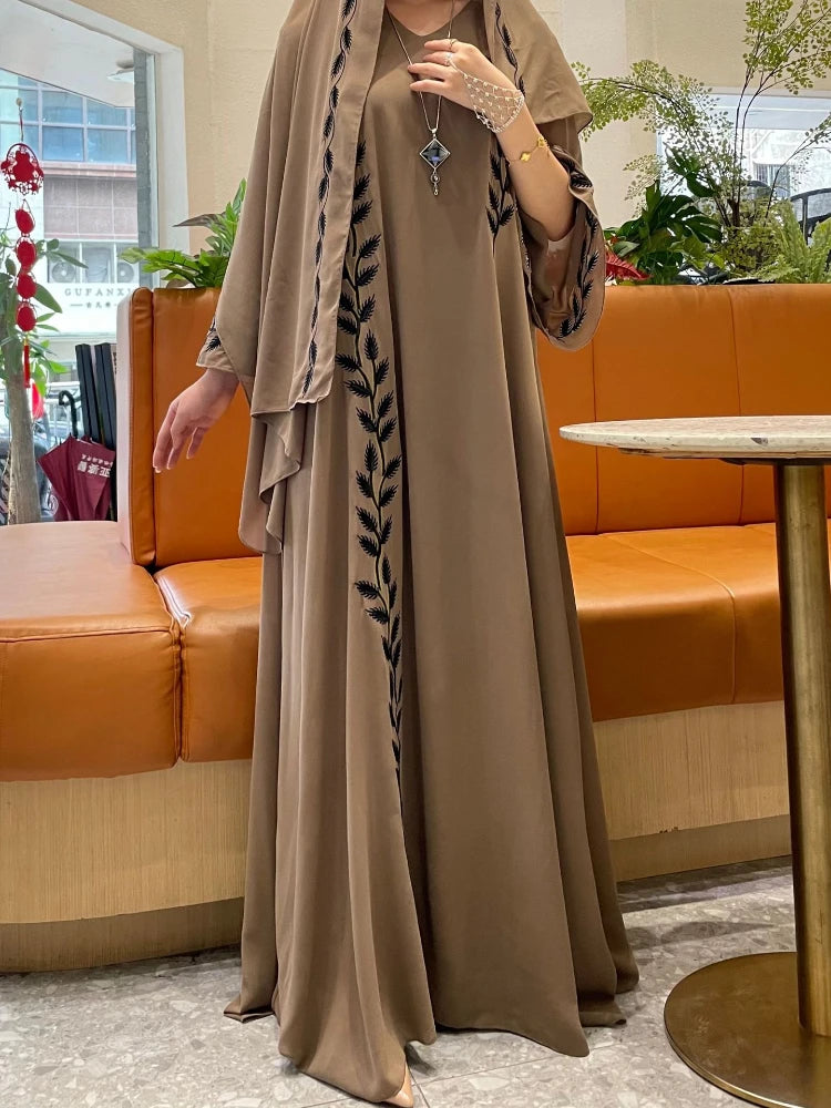 Abaya Embroidery Dress with Scarf 2 Piece Set Dubai Style Long Robe