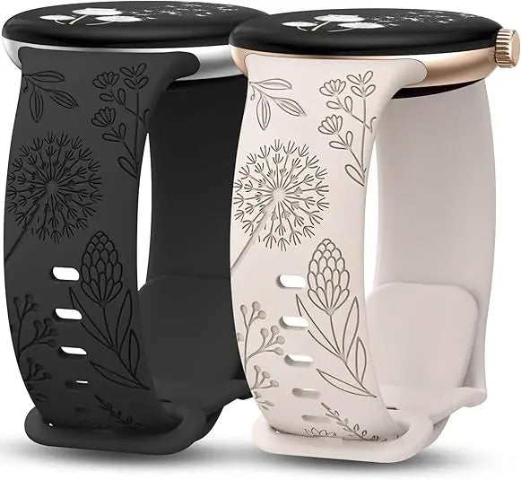 Wearlizer 2 Pack Floral Engraved Band For Google Pixel Watch 2/ Google Pixel watch Silicone sport Straps for Pixel Watch 2