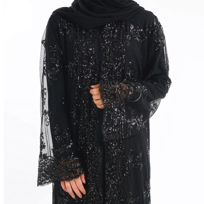 Abaya Dubai Women Long Sequined Lace Mesh Kimono