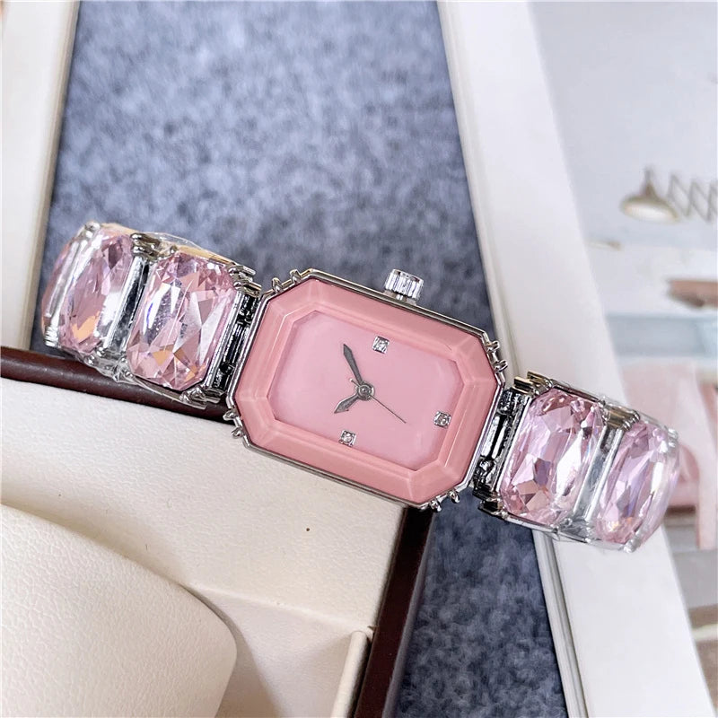 2024 Fashion Brand Wrist Watches Women Girl Beautiful Rectangle Colorful Gems Design Steel Metal Band Clock