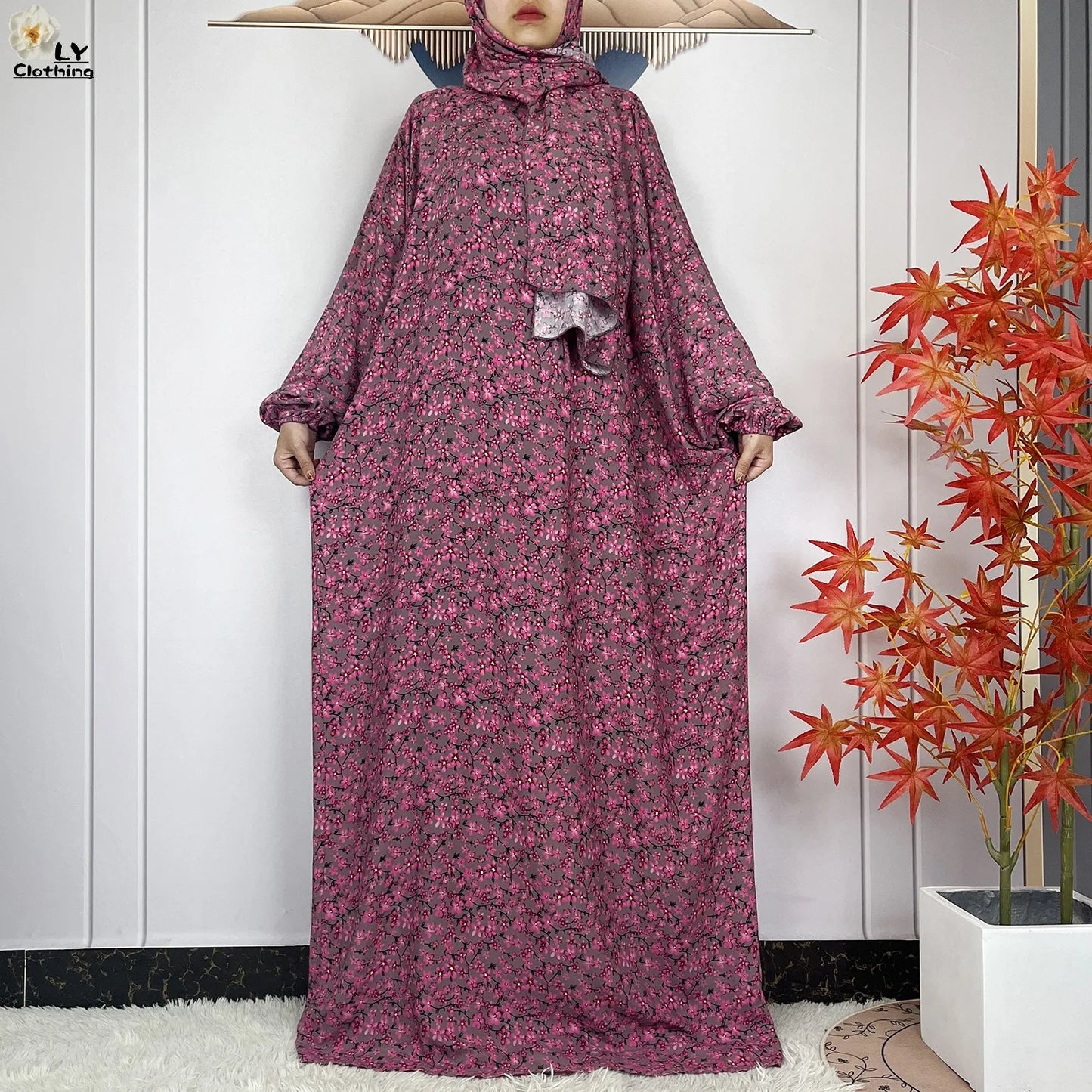 Abayas Maxi Cotton Robe Floral Loose African Style Dress Turban Attached