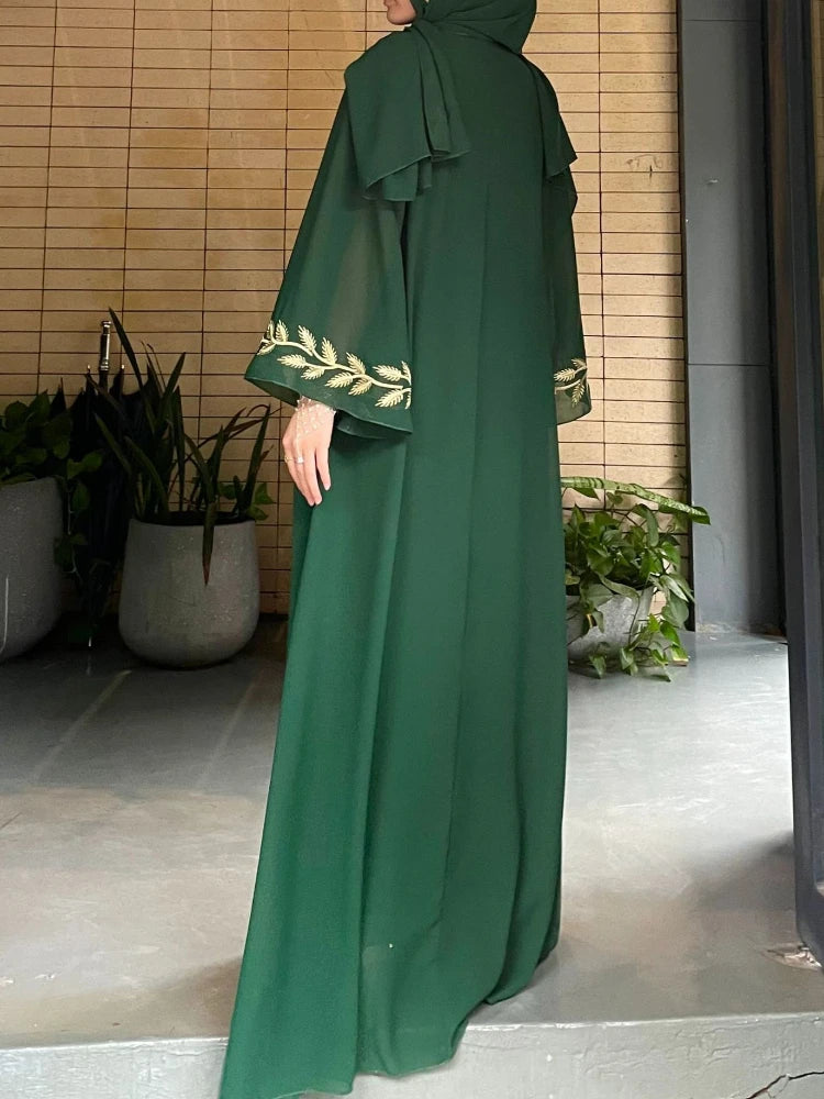 Abaya Embroidery Dress with Scarf 2 Piece Set Dubai Style Long Robe