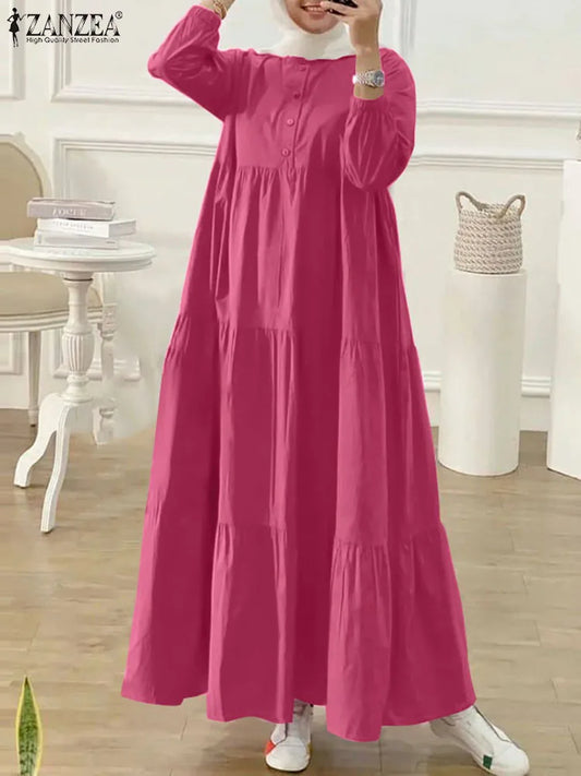 Fashion Abaya Long Sleeve Solid Robe Elegant Ruffles Maxi Sundress