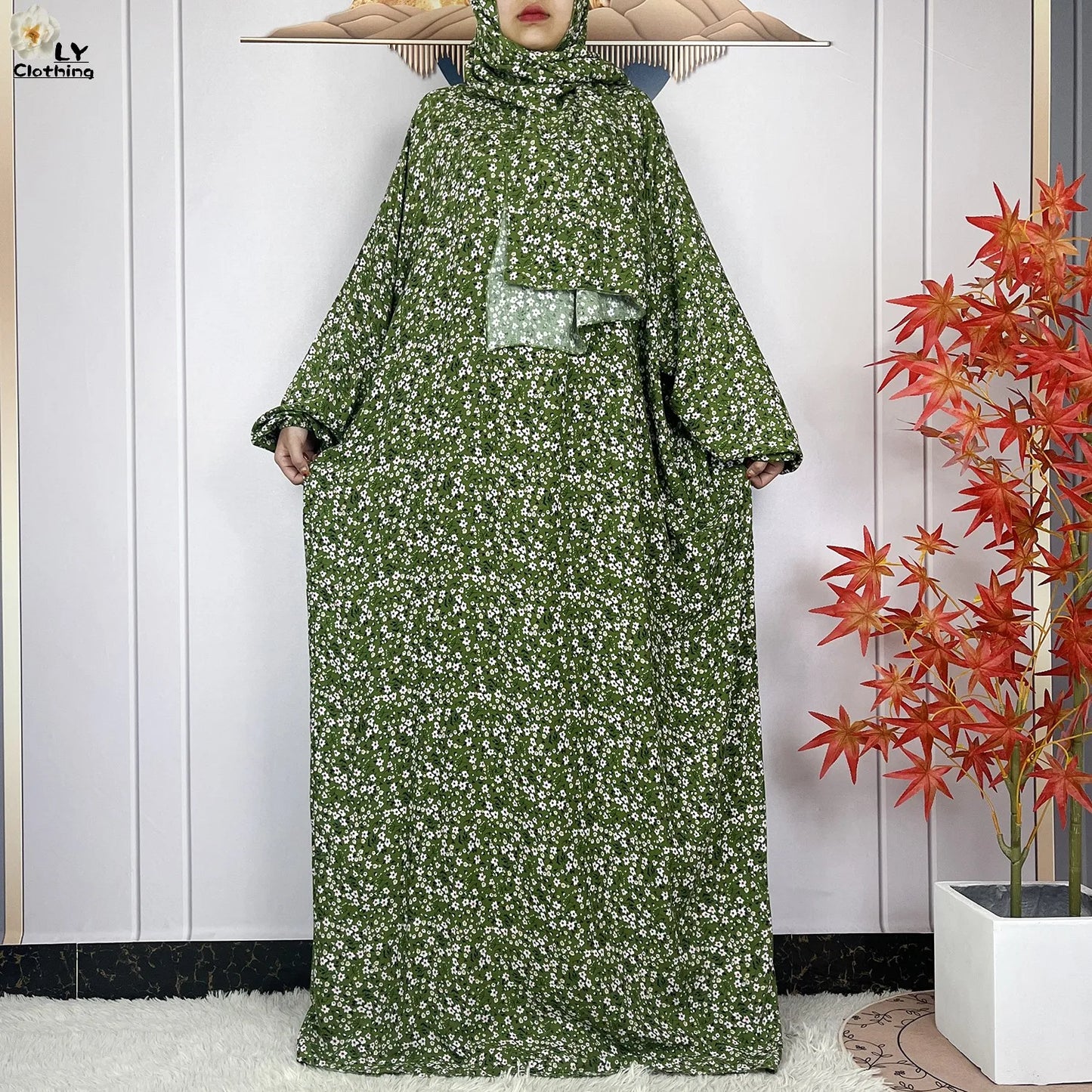 Abayas Maxi Cotton Robe Floral Loose African Style Dress Turban Attached