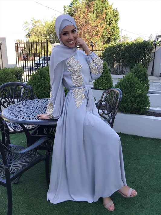 Abaya Embroidered Muslim Long Dress Women Pearls Kaftan Abayas Robe