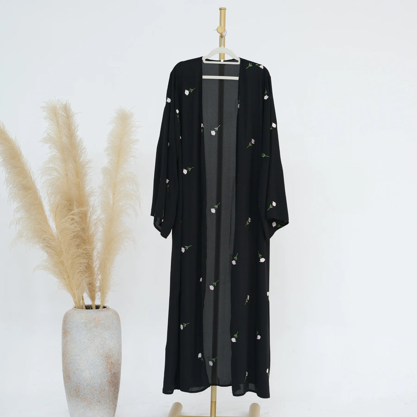 Black Embroidered Kimono Cardigan Abaya Dubai Luxury Style