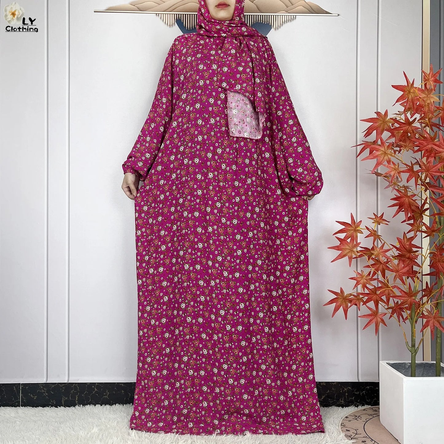 Abayas Maxi Cotton Robe Floral Loose African Style Dress Turban Attached