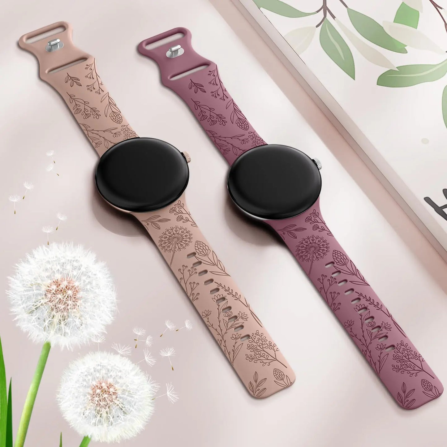 Wearlizer 2 Pack Floral Engraved Band For Google Pixel Watch 2/ Google Pixel watch Silicone sport Straps for Pixel Watch 2