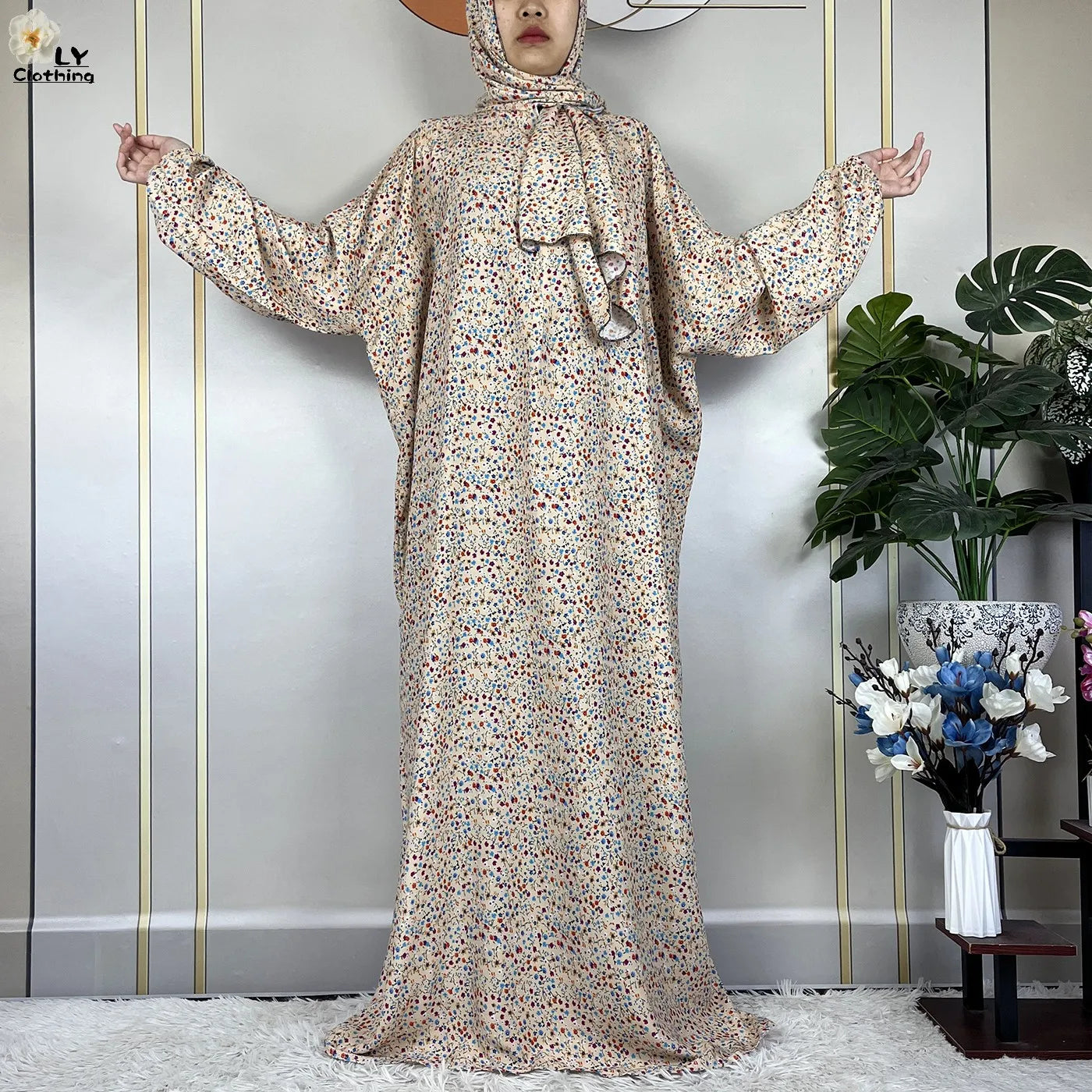 Abayas Maxi Cotton Robe Floral Loose African Style Dress Turban Attached