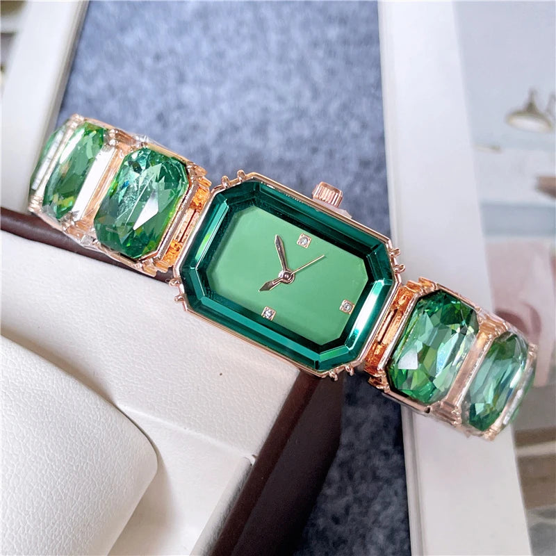 2024 Fashion Brand Wrist Watches Women Girl Beautiful Rectangle Colorful Gems Design Steel Metal Band Clock