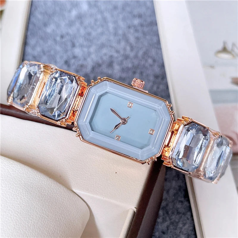 2024 Fashion Brand Wrist Watches Women Girl Beautiful Rectangle Colorful Gems Design Steel Metal Band Clock