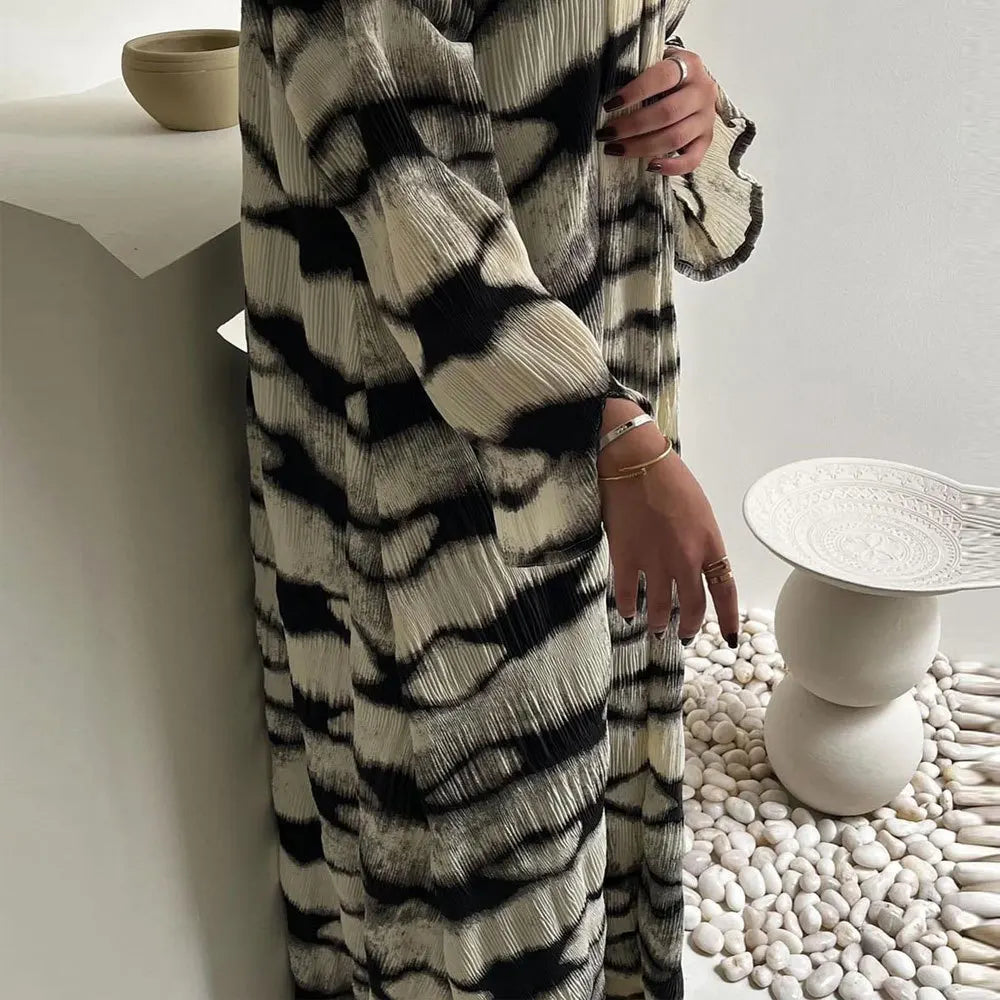 Dubai Printed Pleated Abayas for Women Robe Gown