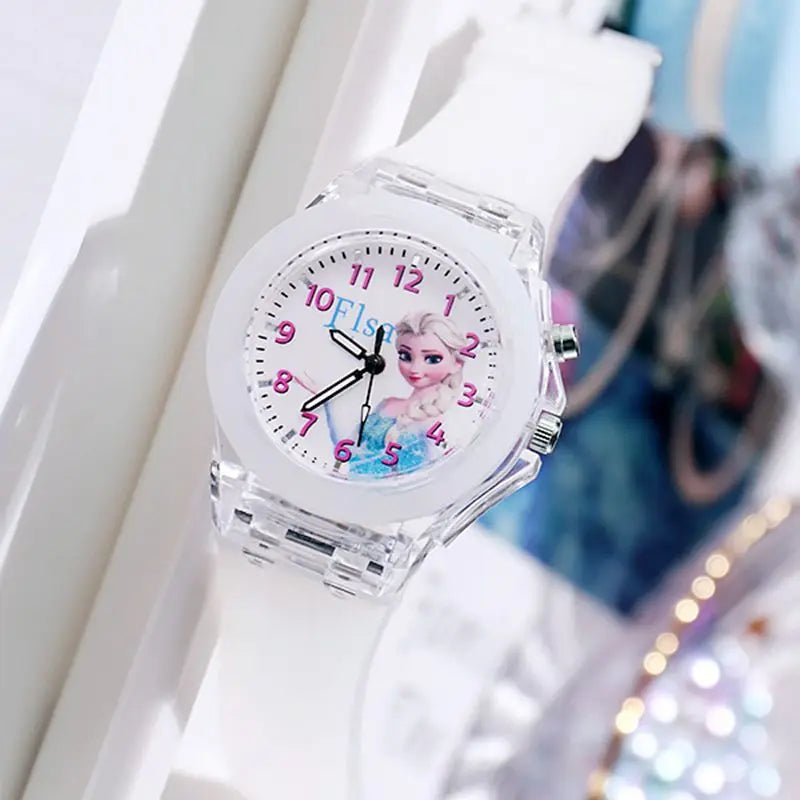 Disney Girls Kids Watches Children Watch Frozen Princess Aisha Sophia Luminous Student Colorful LED Light Women Lady Clock