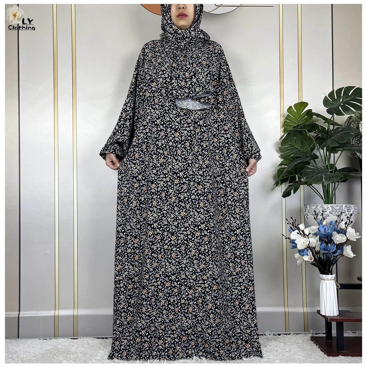 Abayas Maxi Cotton Robe Floral Loose African Style Dress Turban Attached