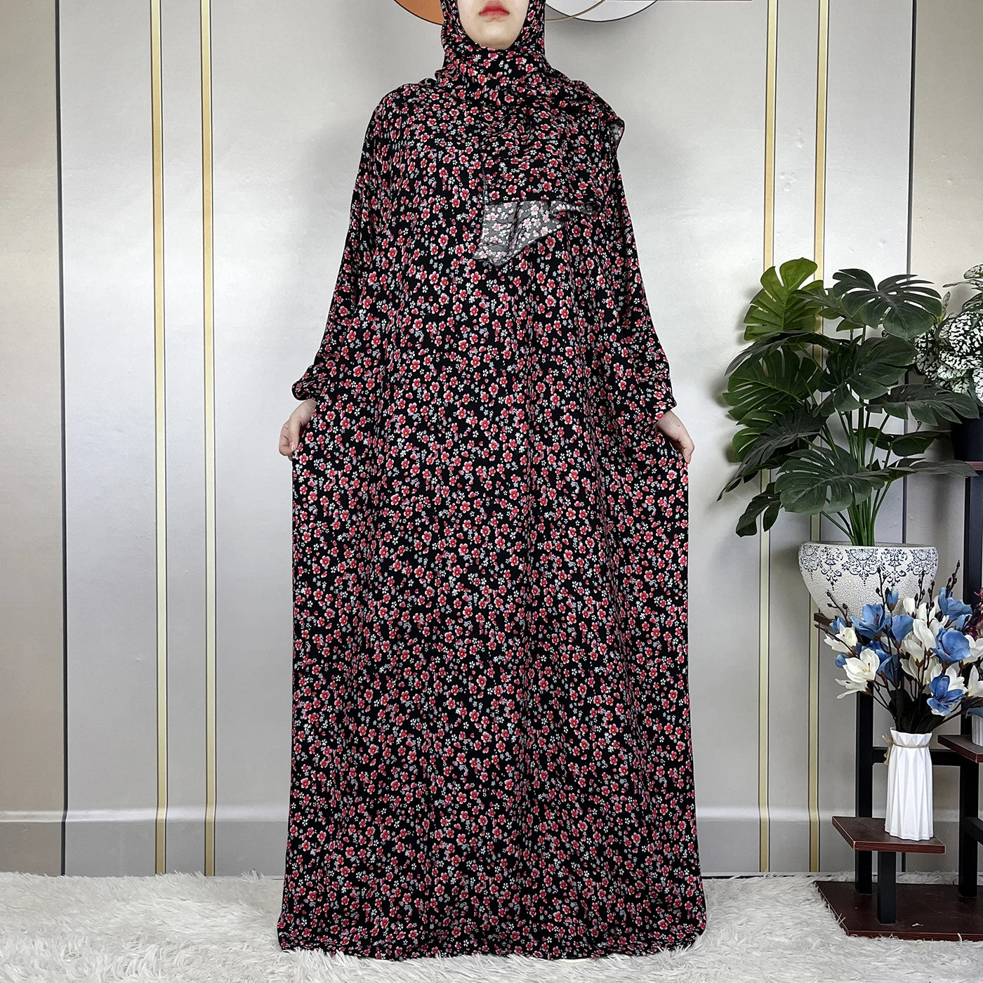 Abayas Maxi Cotton Robe Floral Loose African Style Dress Turban Attached