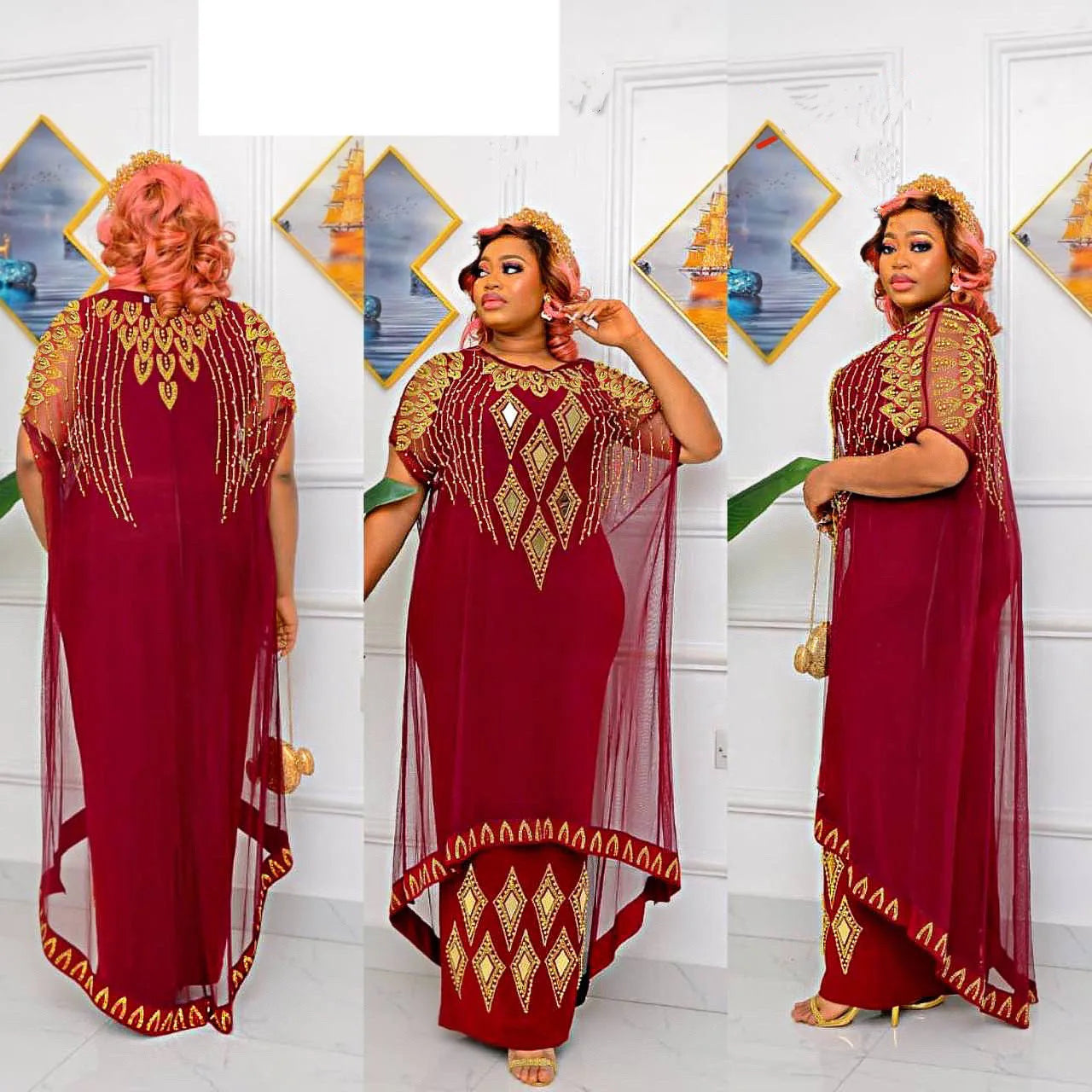 African Style Dresses Mesh Hot Drill Caftan Abaya