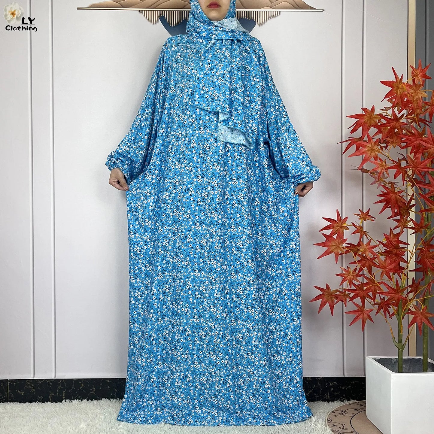 Abayas Maxi Cotton Robe Floral Loose African Style Dress Turban Attached