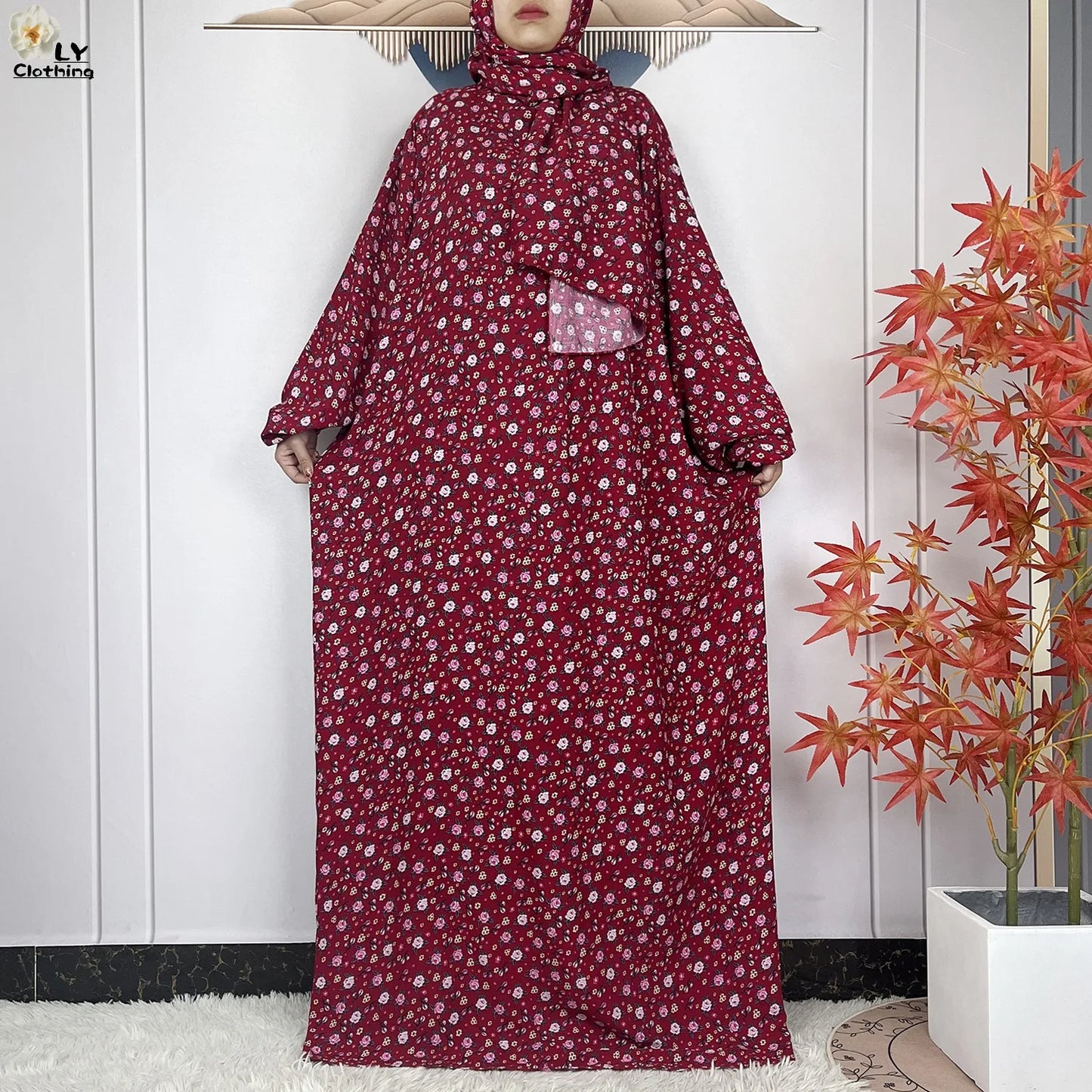 Abayas Maxi Cotton Robe Floral Loose African Style Dress Turban Attached