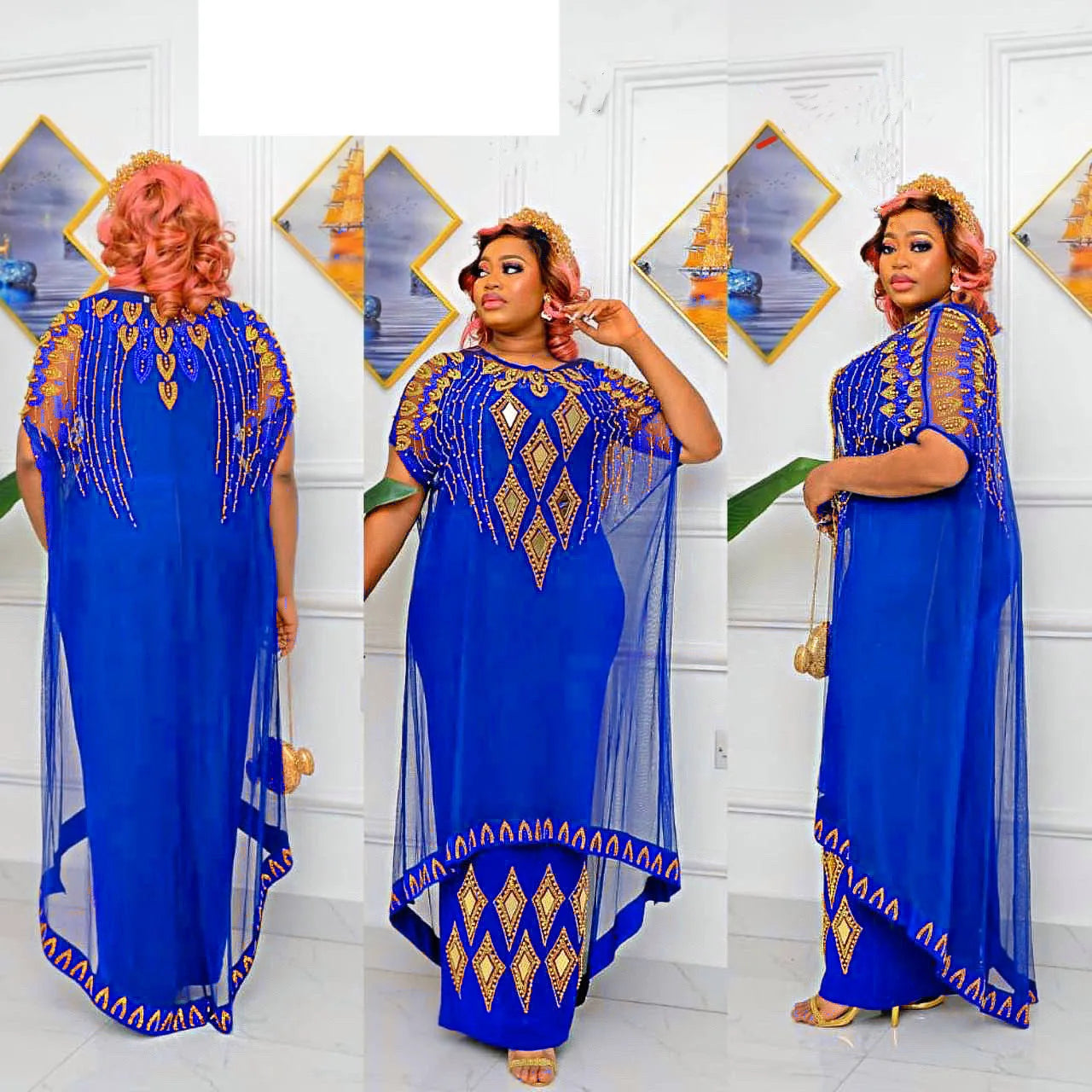 African Style Dresses Mesh Hot Drill Caftan Abaya