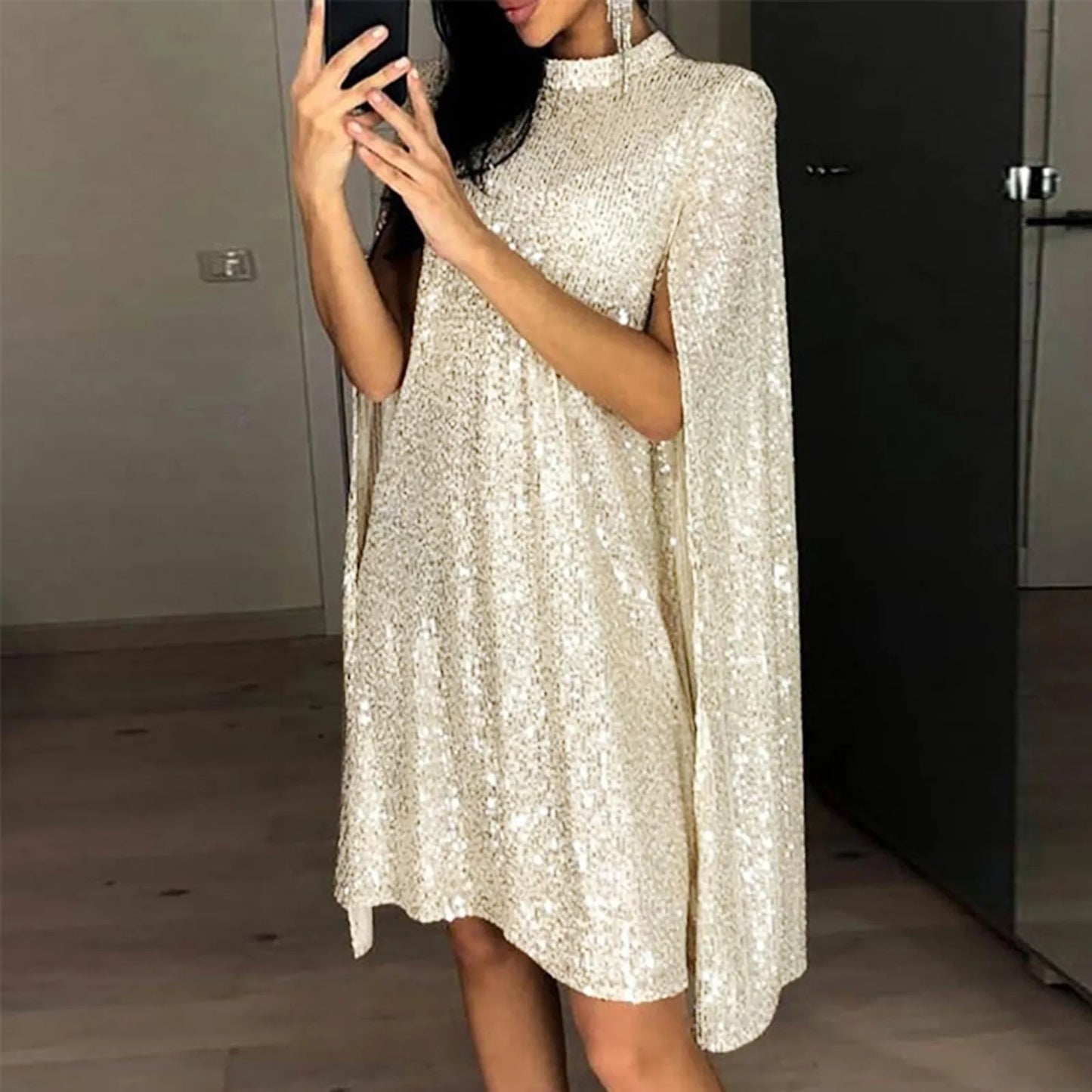 New Sexy Party Sequin Glitter Dress Cape Style Sequins Cloak Sleeves Elegant Cocktail Dress