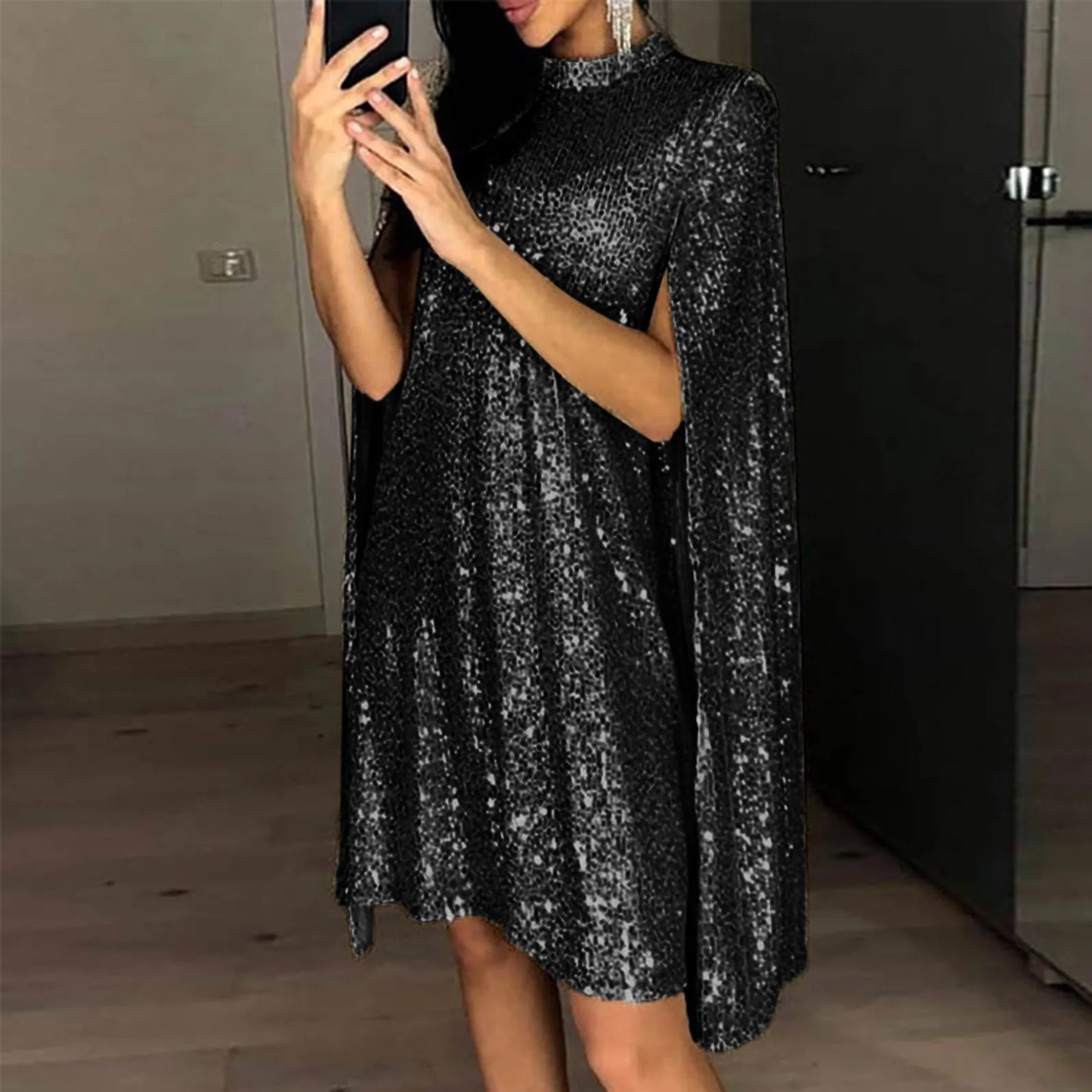 New Sexy Party Sequin Glitter Dress Cape Style Sequins Cloak Sleeves Elegant Cocktail Dress