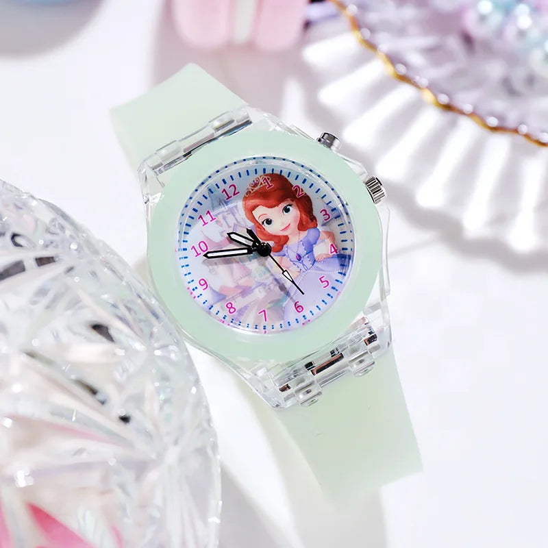 Disney Girls Kids Watches Children Watch Frozen Princess Aisha Sophia Luminous Student Colorful LED Light Women Lady Clock