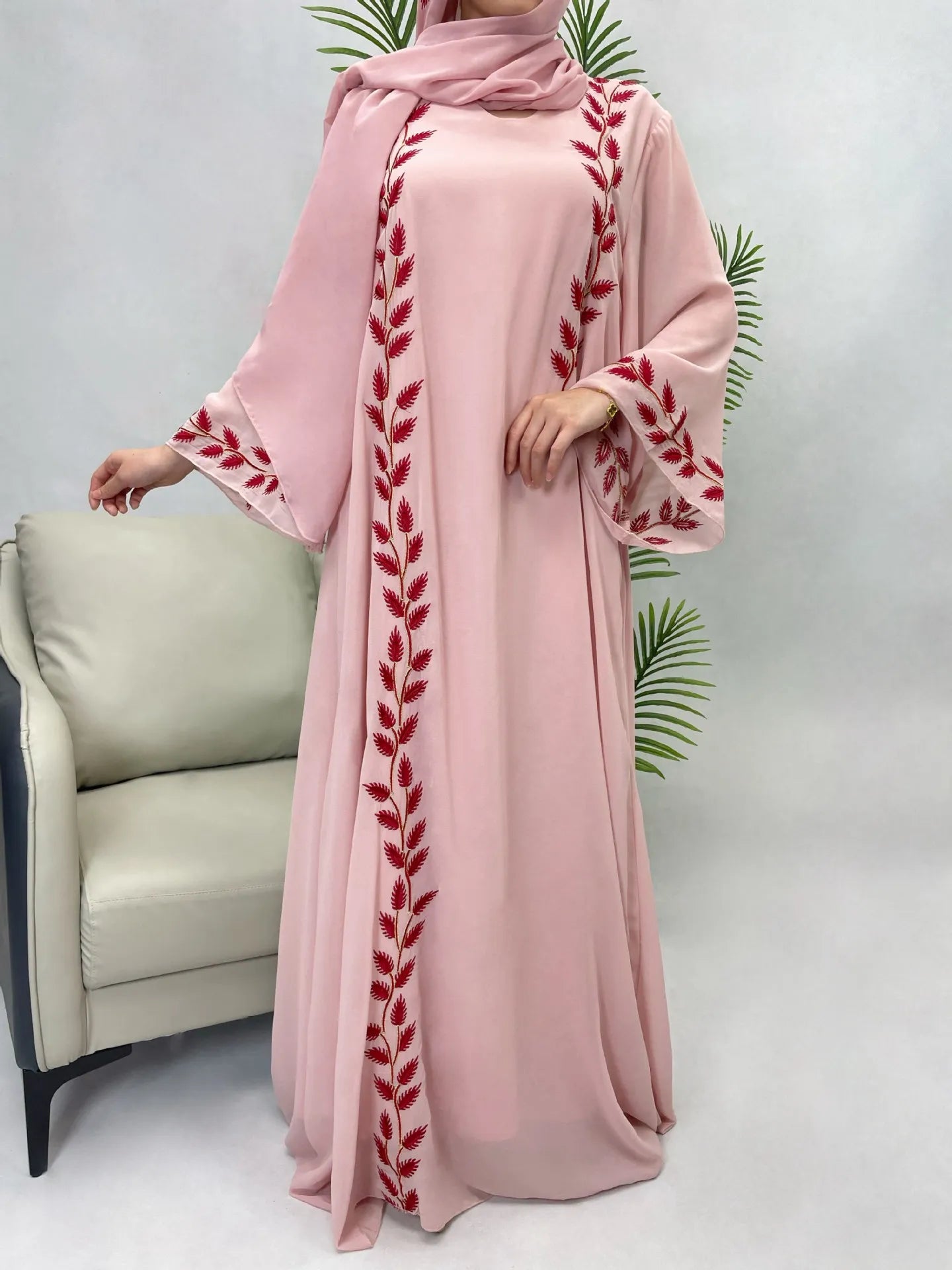 Abaya Embroidery Dress with Scarf 2 Piece Set Dubai Style Long Robe