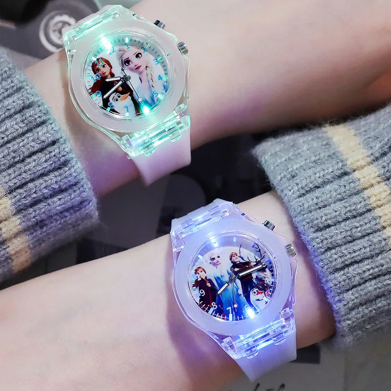 Disney Girls Kids Watches Children Watch Frozen Princess Aisha Sophia Luminous Student Colorful LED Light Women Lady Clock