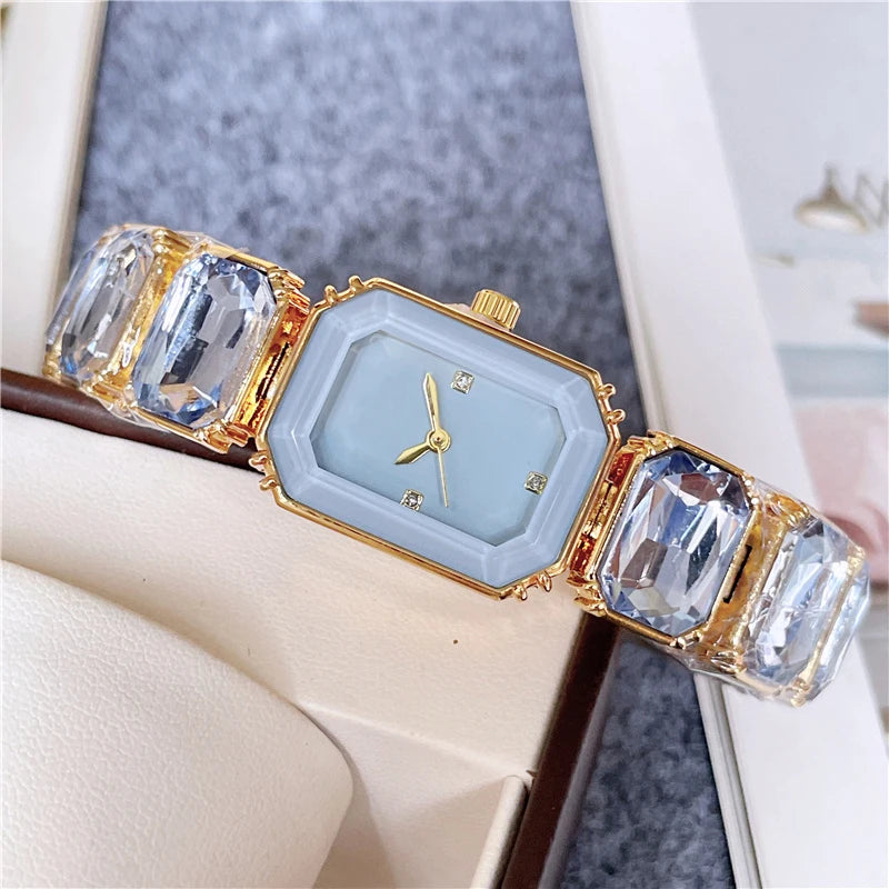 2024 Fashion Brand Wrist Watches Women Girl Beautiful Rectangle Colorful Gems Design Steel Metal Band Clock