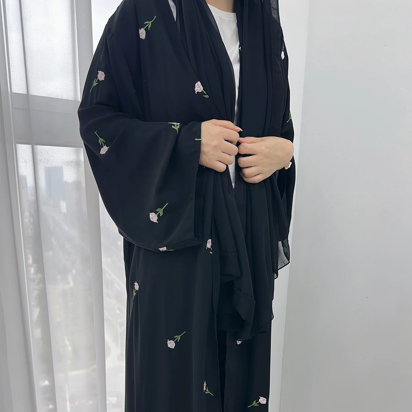 Black Embroidered Kimono Cardigan Abaya Dubai Luxury Style