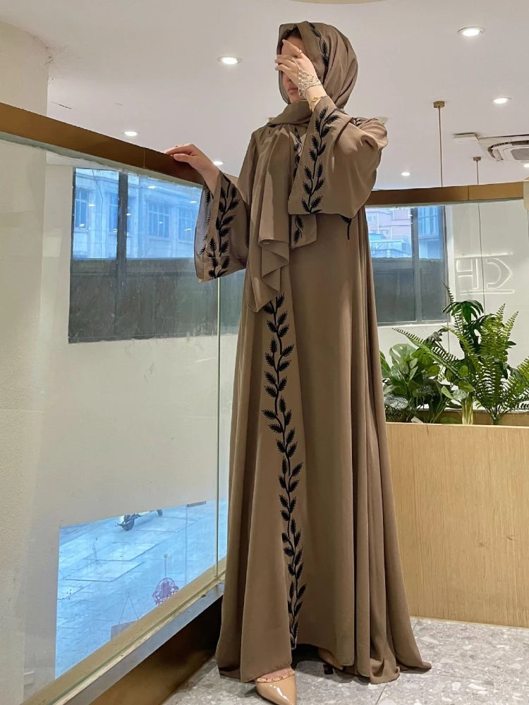 Abaya Embroidery Dress with Scarf 2 Piece Set Dubai Style Long Robe