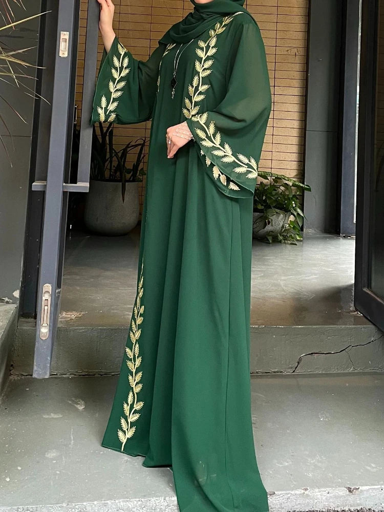 Abaya Embroidery Dress with Scarf 2 Piece Set Dubai Style Long Robe