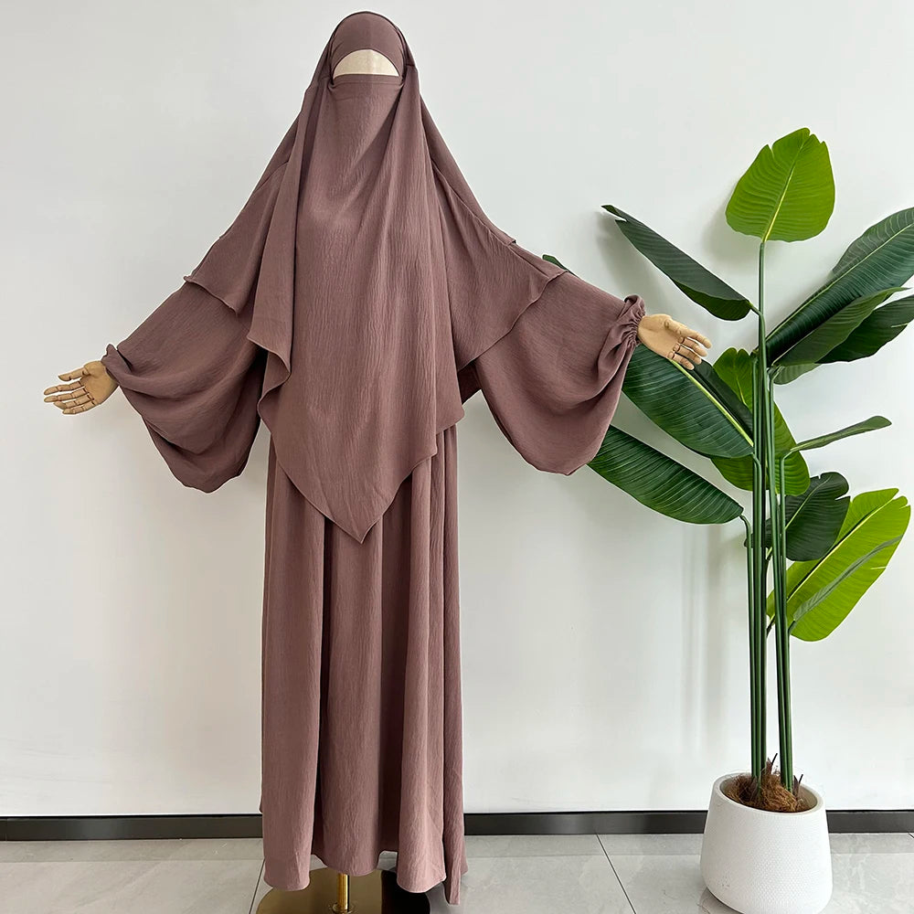 Abaya Khimar Set 2 Piece Jazz Crepe Balloon Sleeve Muslim Dress Women Dubai Luxury