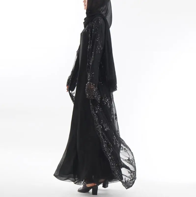 Abaya Dubai Women Long Sequined Lace Mesh Kimono