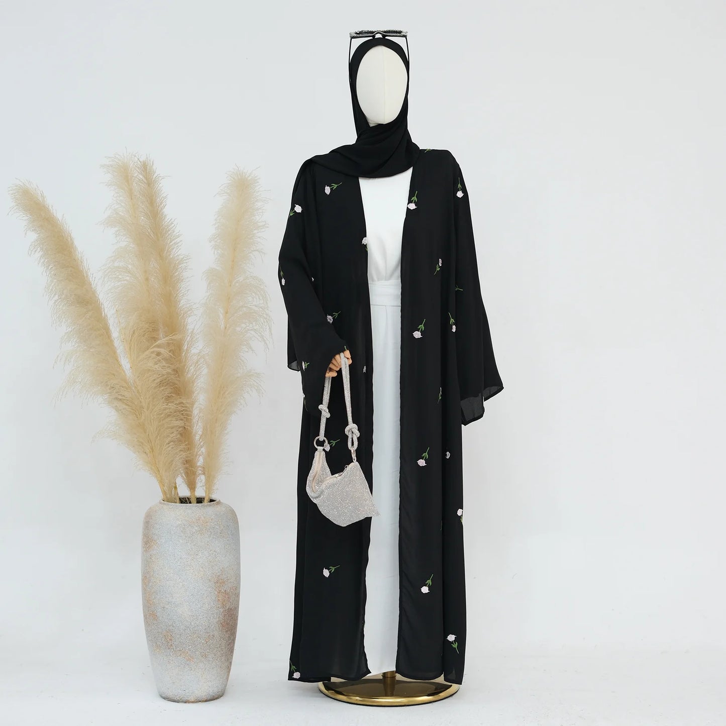 Black Embroidered Kimono Cardigan Abaya Dubai Luxury Style