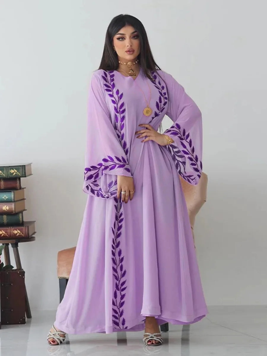 Abaya Embroidery Dress with Scarf 2 Piece Set Dubai Style Long Robe