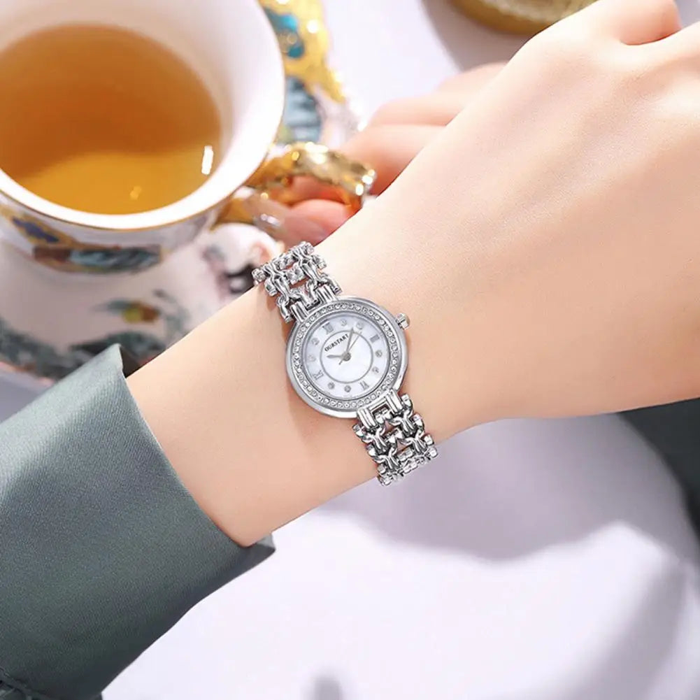 Women Accessory Elegant Rhinestone Bracelet Watch for Women Metal Strap Round Dial Wristwatch Fashion Jewelry Gift for Ladies