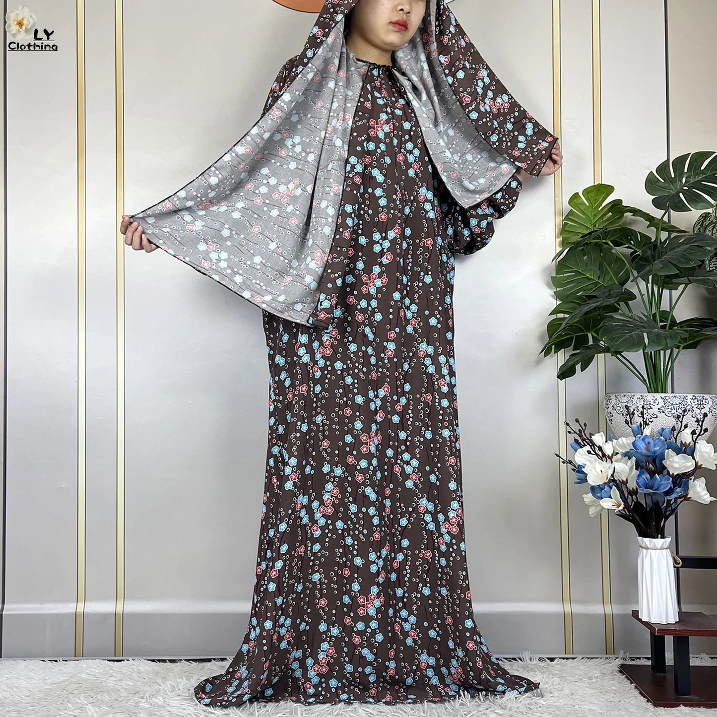 Abayas Maxi Cotton Robe Floral Loose African Style Dress Turban Attached