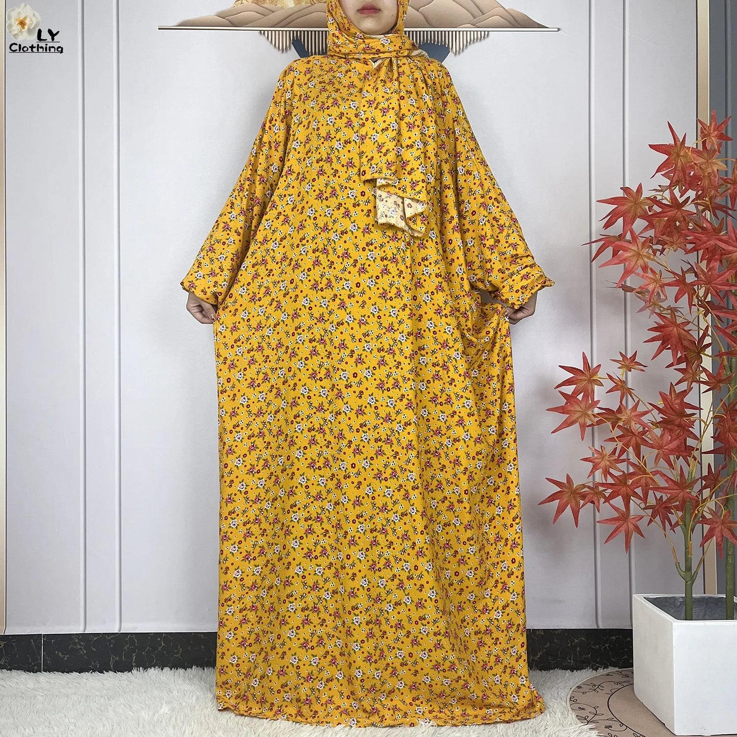 Abayas Maxi Cotton Robe Floral Loose African Style Dress Turban Attached